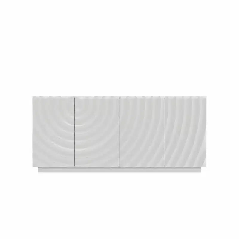 59 moderner Spiralen-Sideboard-Schrank, niedriges dekoratives Aufbewahrungsmöbel für den Eingangsbereich mit Türen in 3D-Wellenoptik