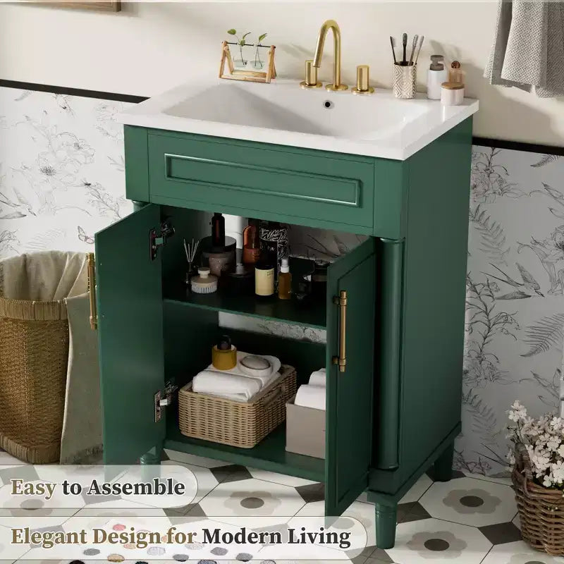 Badkamermeubel van 24 inch met keramische wastafel, Shaker-kast, 2 softclose-deuren en massief houten frame voor een kleine badkamer of toiletruimte