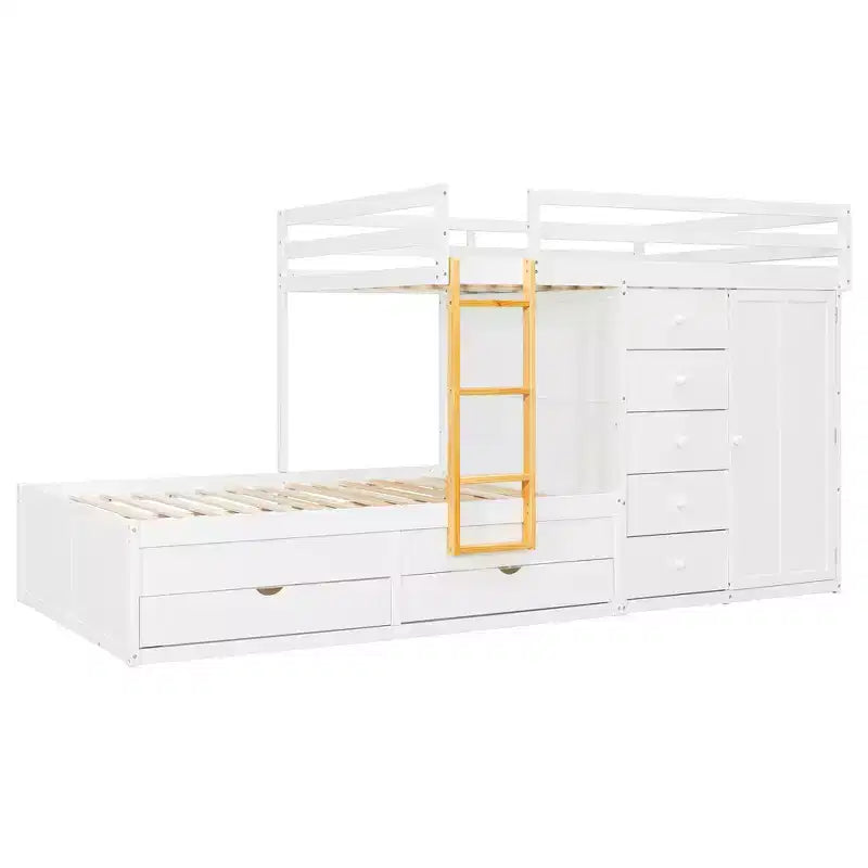 Stapelbed met twee volledige bedden, opbergkast en laden, houten ruimtebesparend stapelbed van volledig formaat met veiligheidshekje voor appartement of slaapkamer