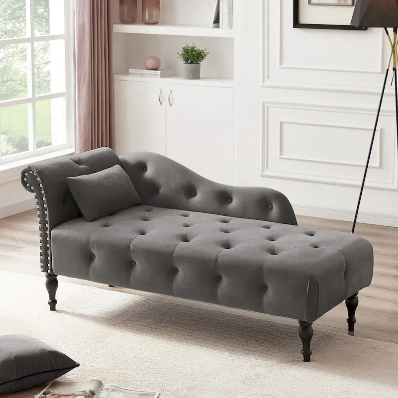 Chaise longue moderne de 60,6 po, revêtement en velours, boutons capitonnés, pieds en bois massif et clous décoratifs