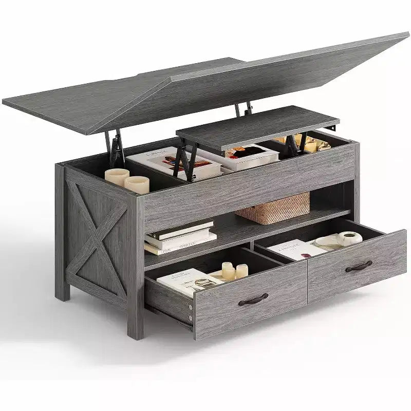 Mesa de centro elevable con espacio de almacenamiento, mesa de centro de estilo rústico, mesa de centro con dos cajones para el salón y la oficina en casa
