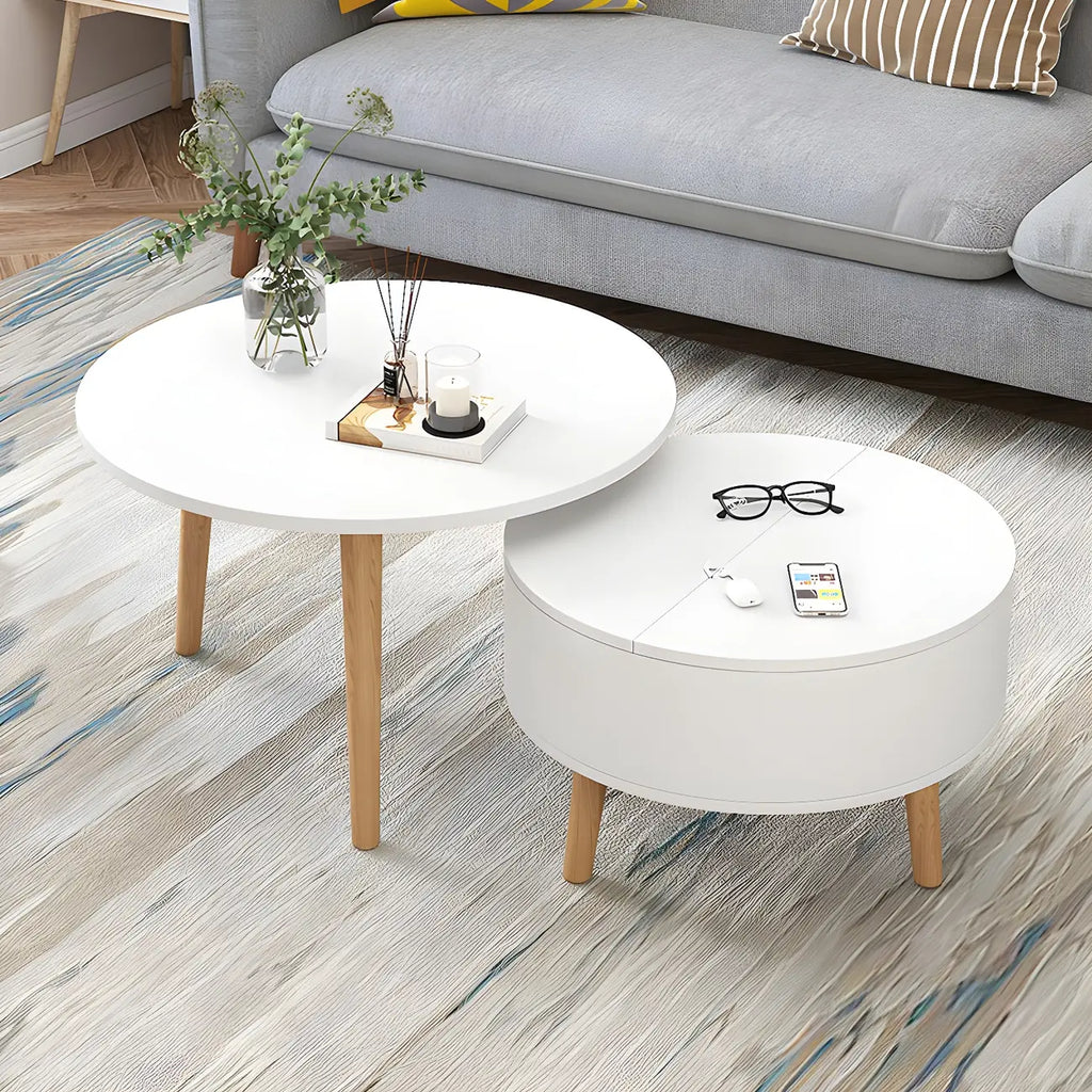 Moderne ronde houten salontafel in zwart en wit met opbergruimte