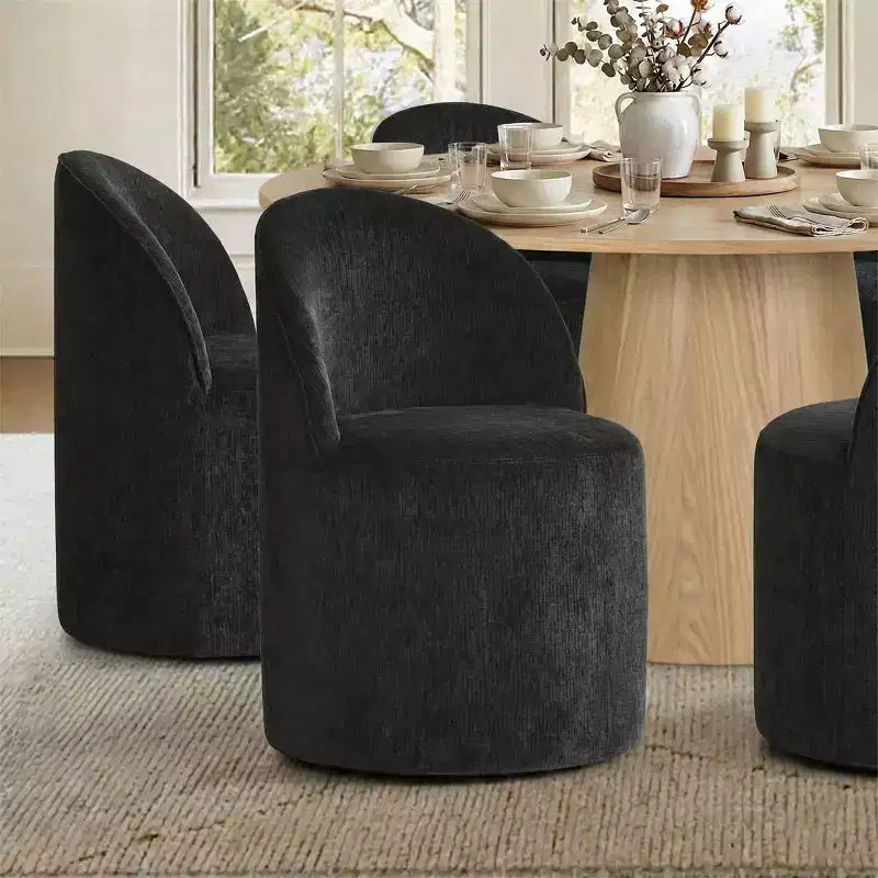 Modernes Esszimmer-Set für 6 Personen, runder Esstisch mit Säulenfuß, drehbare Fassstühle mit Rollen, Chenille-Strukturstoff – Panipeachy