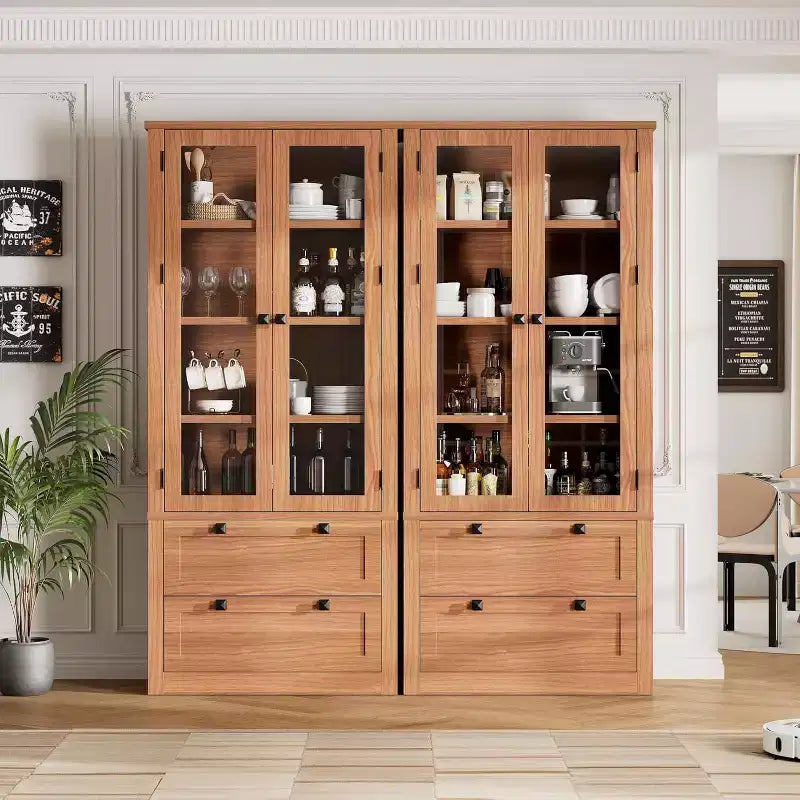 Armoire de rangement de cuisine style champêtre avec portes vitrées, meuble de rangement de 72 pouces avec tiroirs et étagères réglables pour la salle à manger, la salle de bains ou le salon