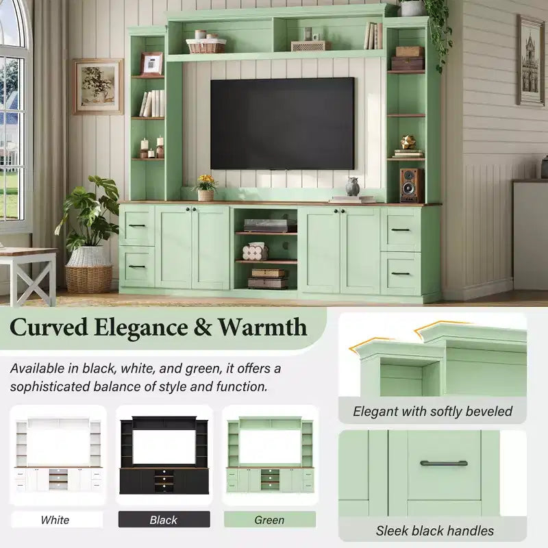 ModernLuxe 4-in-1-Farmhouse-Entertainment-Center als Wandeinheit, passend für Fernseher bis 70, TV-Ständer und Medienkonsole mit verstellbaren Regalen und Schubladen
