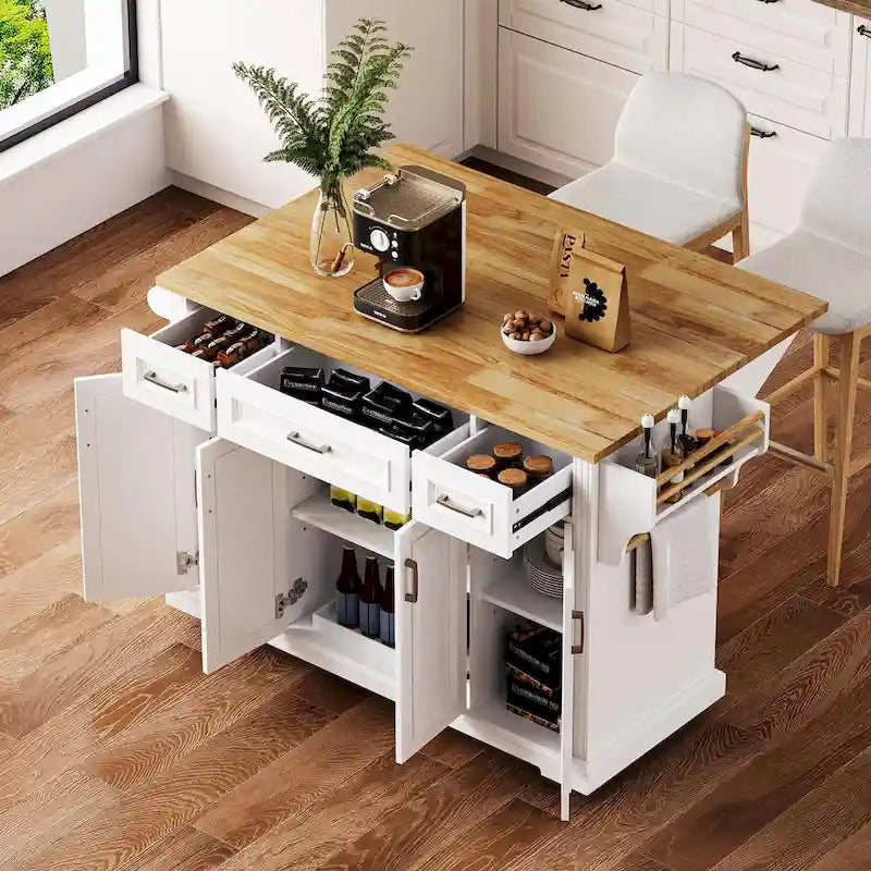 Grand îlot de cuisine avec rallonge rabattable en bois, desserte de cuisine roulante à texture embossée avec portes et tiroirs de rangement, blanc
