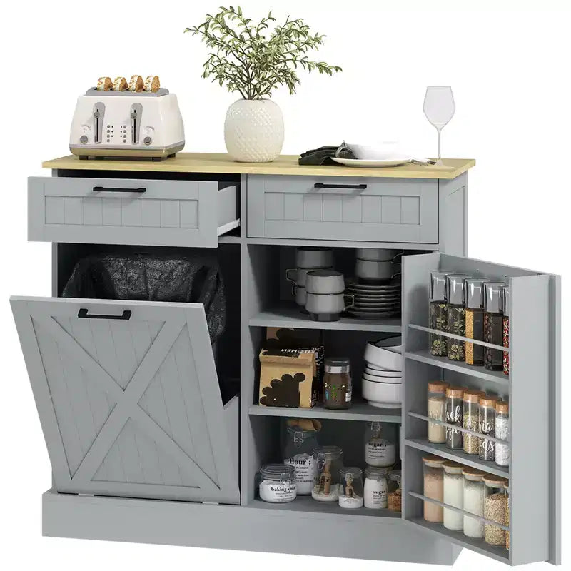 Meuble poubelle basculant HOMCOM avec tiroirs, meuble de cuisine style maison de campagne avec poubelle dissimulée pour la cuisine