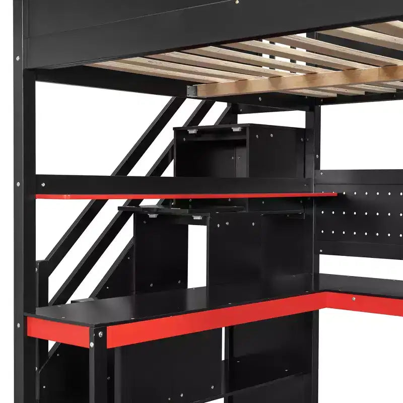 GDFStudio Scott Holz-Hochbett zum Spielen mit Stauraumtreppe, Schreibtisch, Regalen und Lochwand