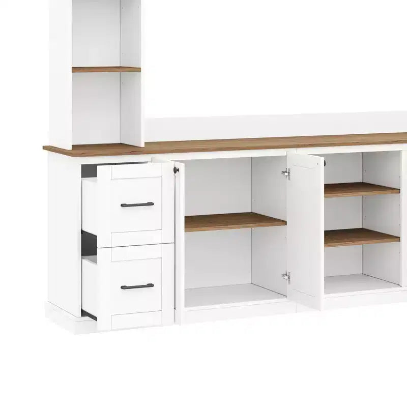 ModernLuxe 4-in-1-Farmhouse-Entertainment-Center als Wandeinheit, passend für Fernseher bis 70, TV-Ständer und Medienkonsole mit verstellbaren Regalen und Schubladen