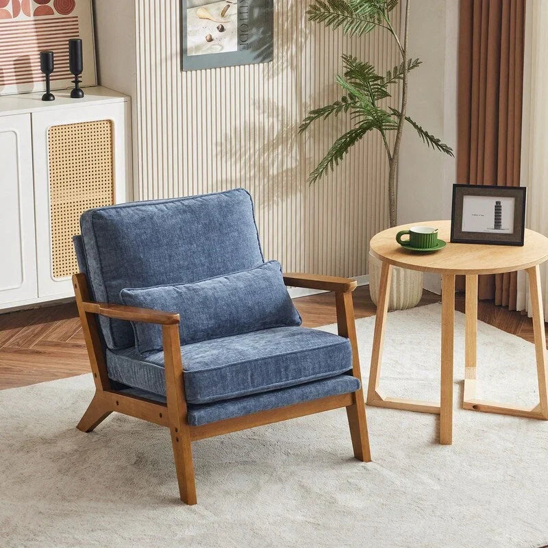 Fauteuil d'appoint rembourré en mélange de lin avec pieds en bois et un coussin, beige