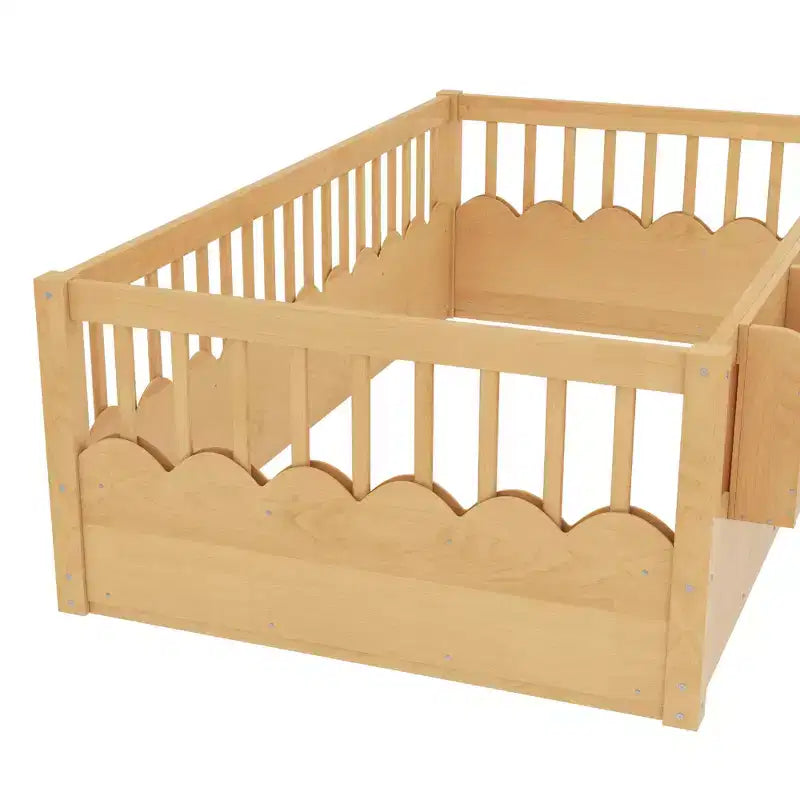 Lit cabane Montessori simple en bois Bellemave pour enfants, avec barrière surélevée et bibliothèque, pour filles et garçons