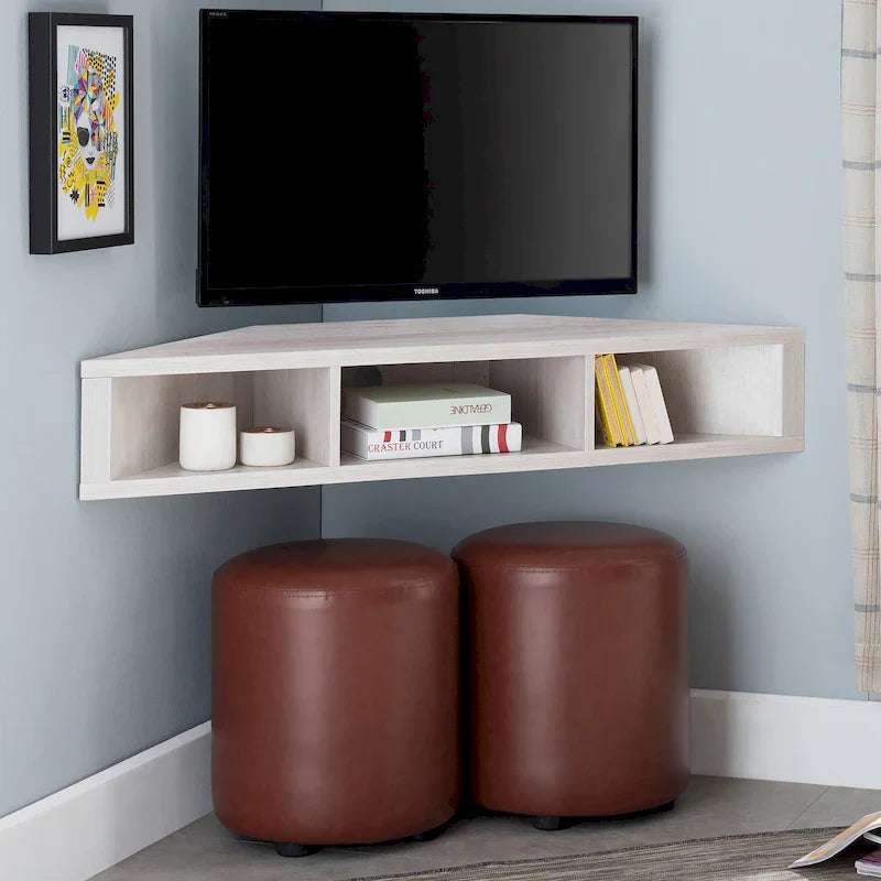 Meuble TV d’angle suspendu 47, 3 étagères, style transitionnel, fixation murale peu encombrante
