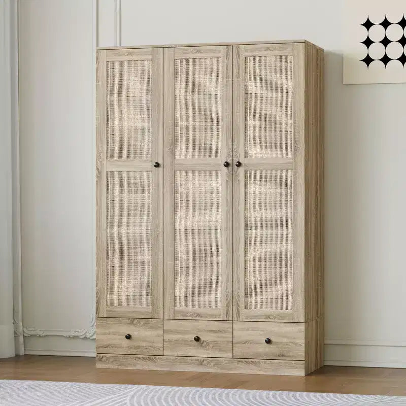 Armoire en rotin Famapy avec 3 tiroirs, placard à 3 portes en rotin respirant, grande armoire de rangement de style champêtre pour chambre