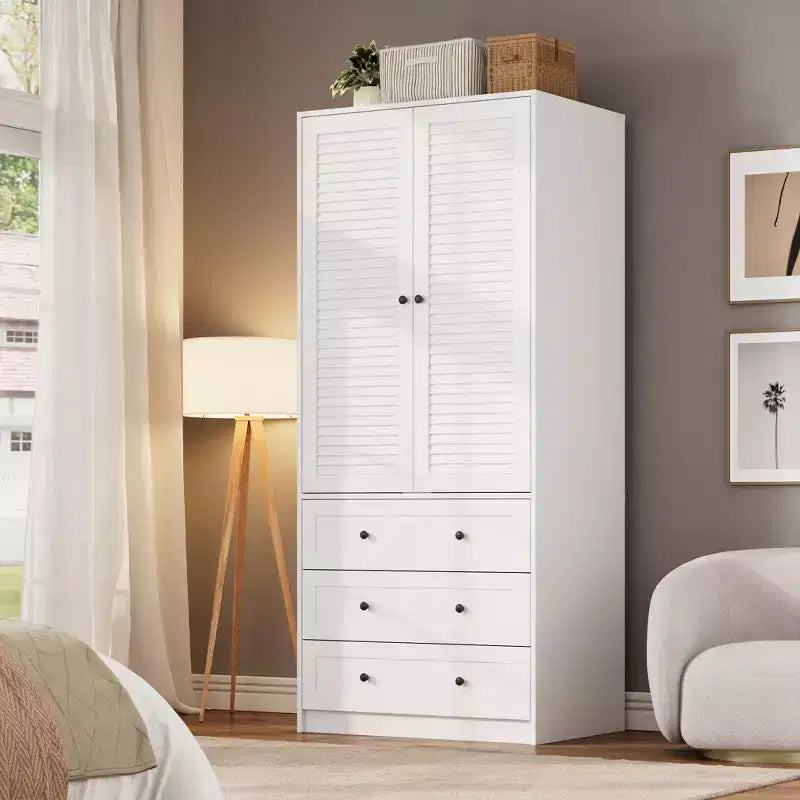 COZONY 3 çekmeceli ve 2 kapılı gardırop, yatak odası için modern ahşap giysi dolabı, dayanıklı beyaz ayaklı gardırop