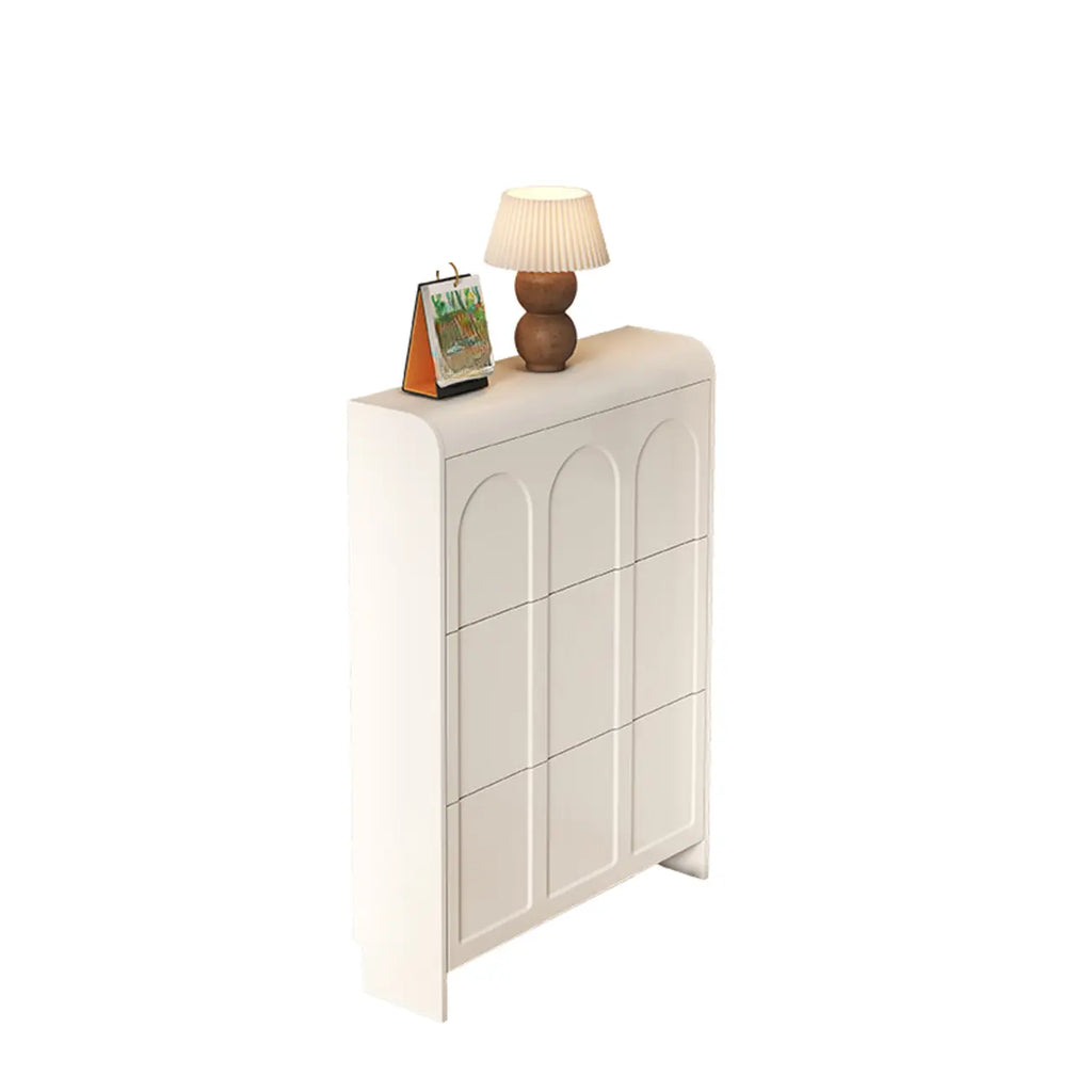 Meuble à chaussures blanc en bois, étroit, à 3 niveaux avec portes basculantes