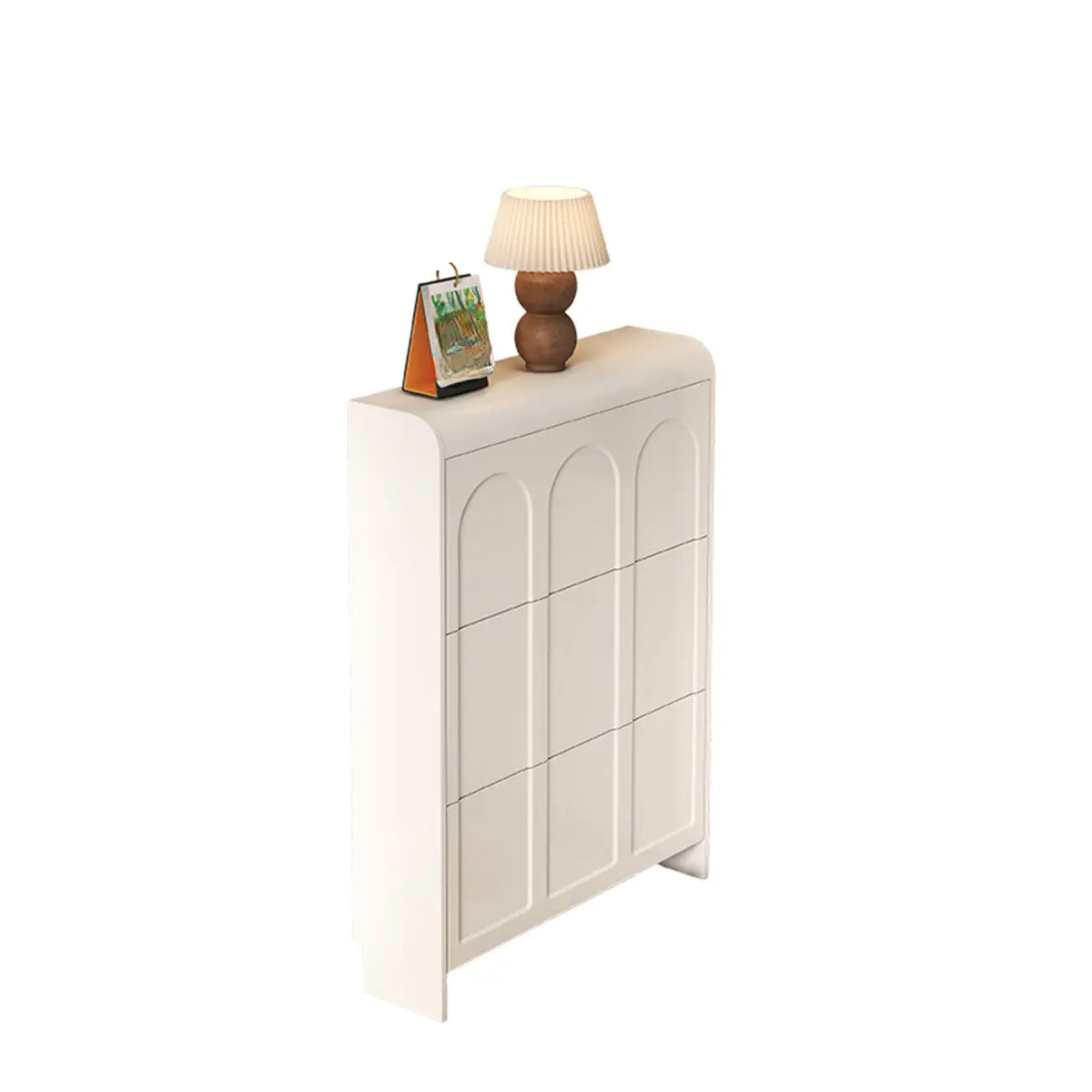 Meuble à chaussures blanc en bois, étroit, à 3 niveaux avec portes basculantes