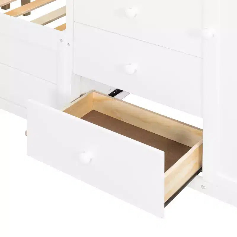 Stapelbed met twee volledige bedden, opbergkast en laden, houten ruimtebesparend stapelbed van volledig formaat met veiligheidshekje voor appartement of slaapkamer