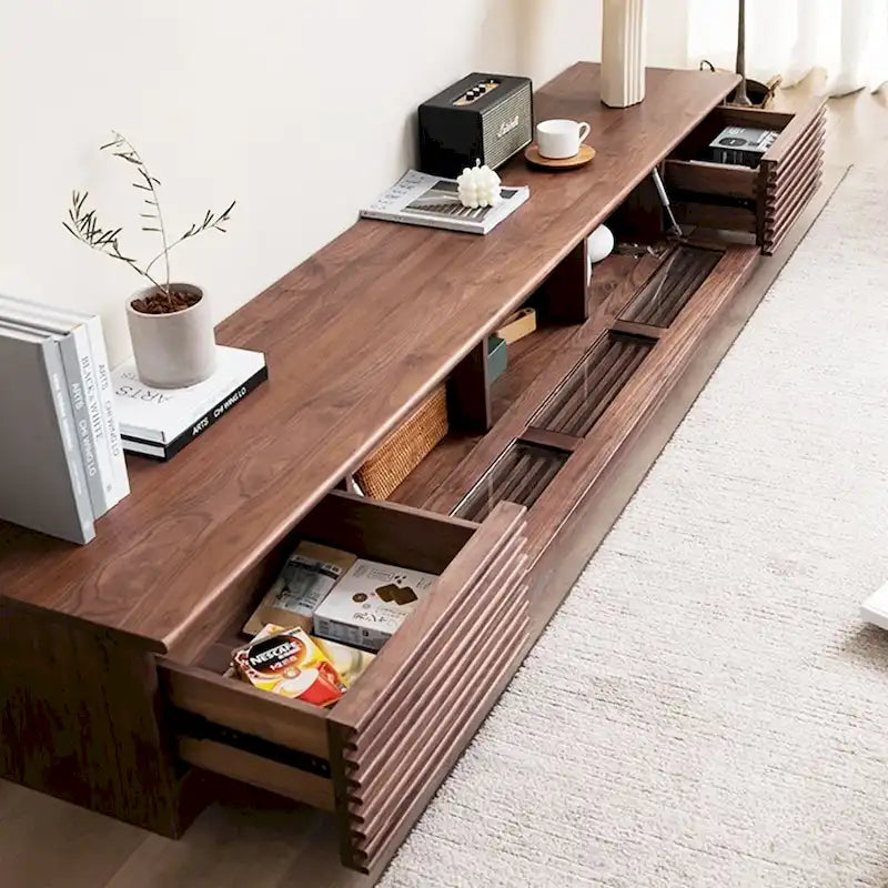 Minimalistische tv-meubel met laden, mediaconsole van massief hout met kasten, neerklapbare deur, walnootfineer, volledig gemonteerd