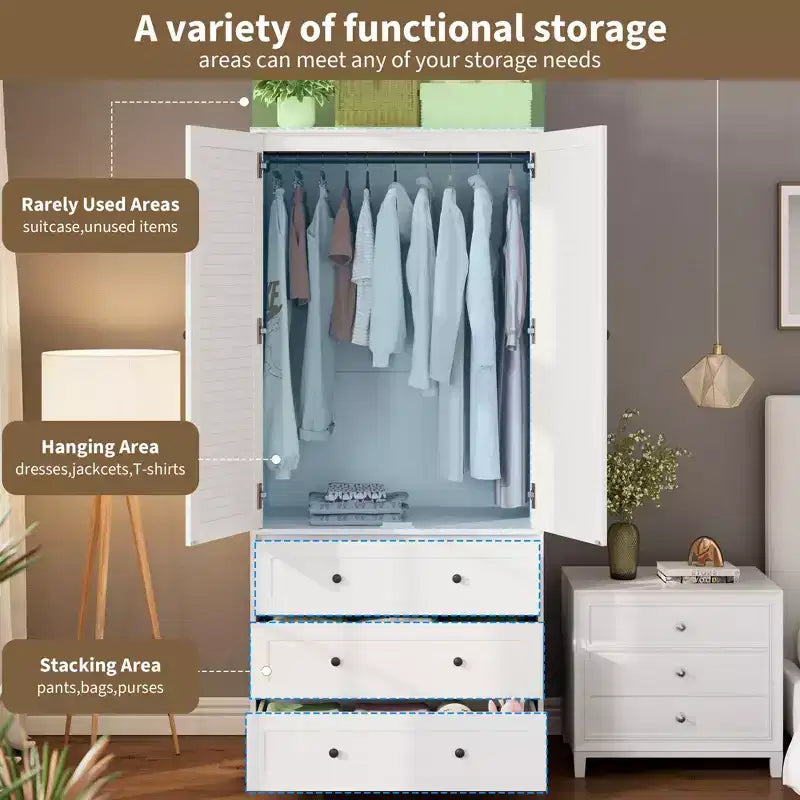 COZONY 3 çekmeceli ve 2 kapılı gardırop, yatak odası için modern ahşap giysi dolabı, dayanıklı beyaz ayaklı gardırop