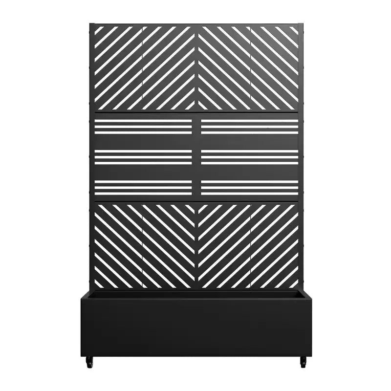 Jardinière MAYEERTY avec treillis, fer noir, lignes parallèles 01, style classique à persiennes combiné, 72x47x16 po, ensemble de 3 pièces
