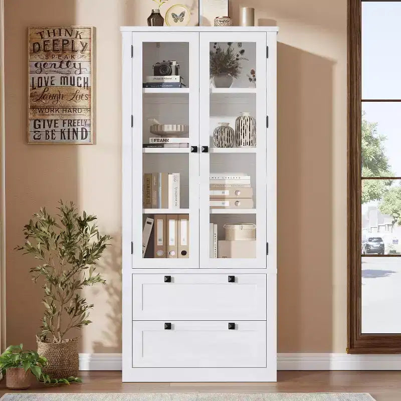 Armoire de rangement de cuisine style champêtre avec portes vitrées, meuble de rangement de 72 pouces avec tiroirs et étagères réglables pour la salle à manger, la salle de bains ou le salon