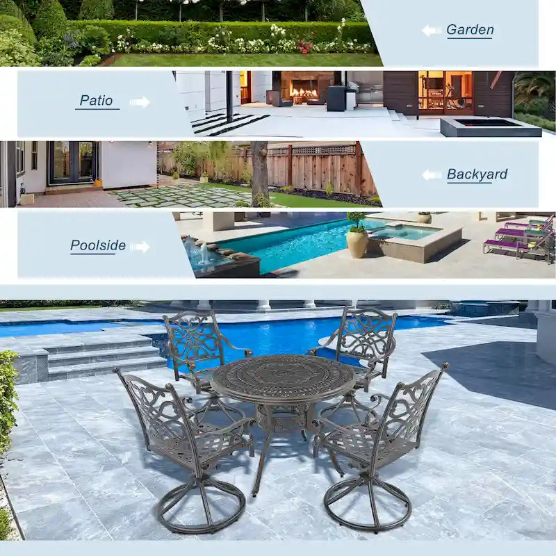 5-teiliges Esszimmer-Set für die Terrasse aus Aluminiumguss mit 4 drehbaren Stühlen