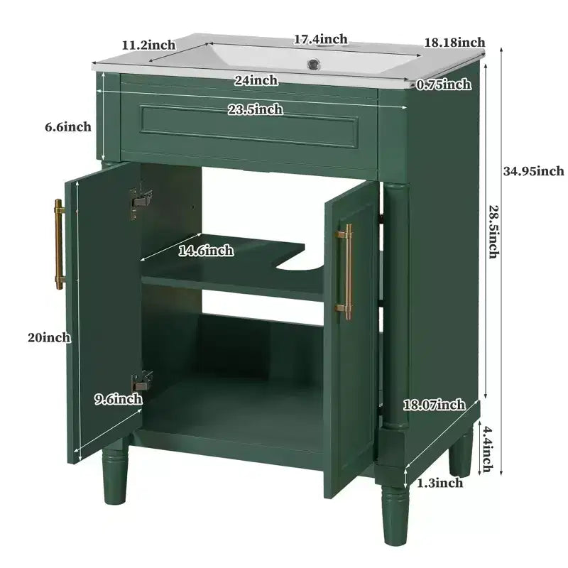 Badkamermeubel van 24 inch met keramische wastafel, Shaker-kast, 2 softclose-deuren en massief houten frame voor een kleine badkamer of toiletruimte