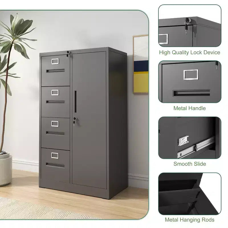 Classeur vertical de rangement en métal avec serrure, armoire à dossiers en acier à 4 tiroirs