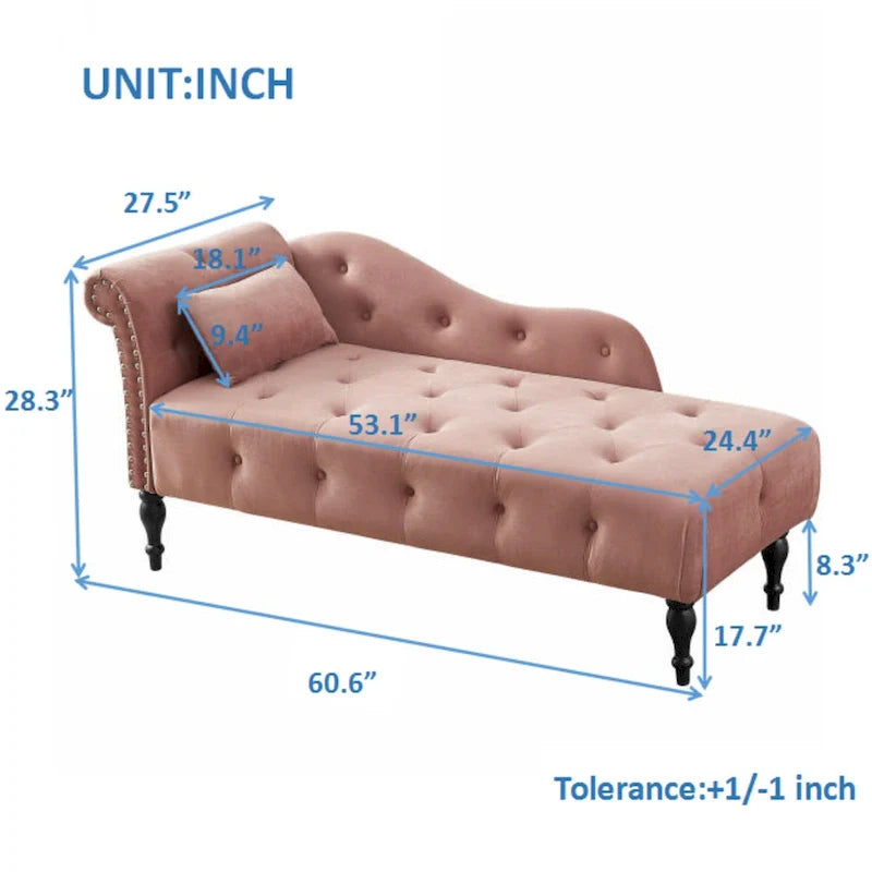 Chaise longue moderne de 60,6 po, revêtement en velours, boutons capitonnés, pieds en bois massif et clous décoratifs