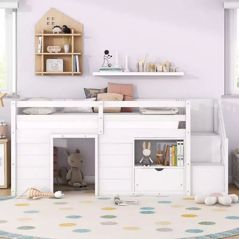 Lit mezzanine simple Okak en bois massif avec escalier et rangement, lit superposé simple bas avec tiroirs et étagères, lit mezzanine multifonctionnel pour enfants et adolescents