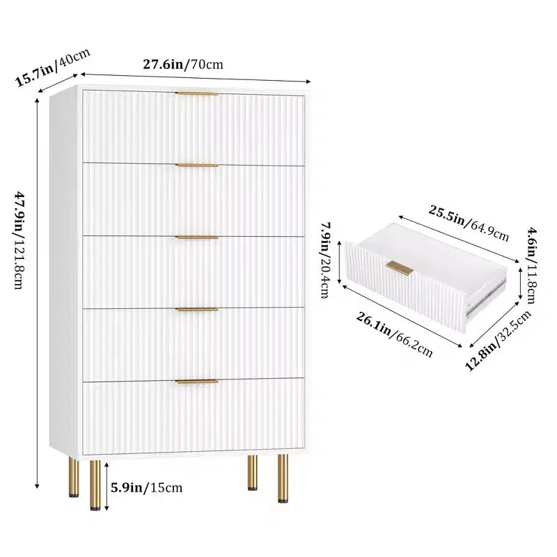 Commode blanche / marbre et bois à 5 tiroirs - panneau cannelé, pour 1 personne