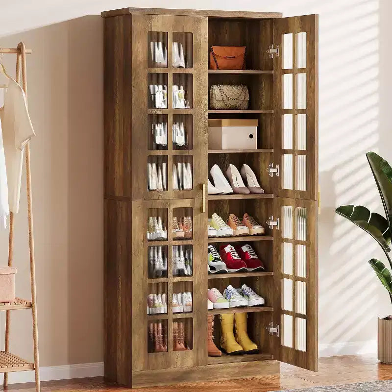 Lantine hoge schoenenkast met deuren, schoenenopbergruimte met 8 niveaus en verstelbare planken, moderne schoenenkast voor hal, garderobe of woonkamer, wit