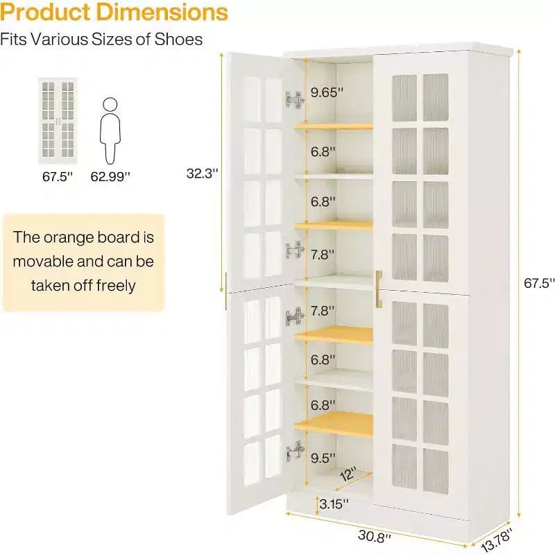 Lantine hoge schoenenkast met deuren, schoenenopbergruimte met 8 niveaus en verstelbare planken, moderne schoenenkast voor hal, garderobe of woonkamer, wit