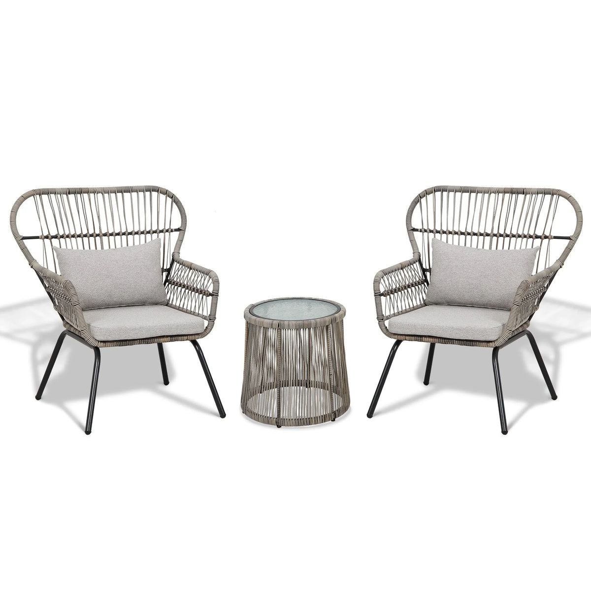 Ensemble bistro de conversation extérieur en osier de 3 pièces, mobilier de patio en rotin toutes saisons avec coussins