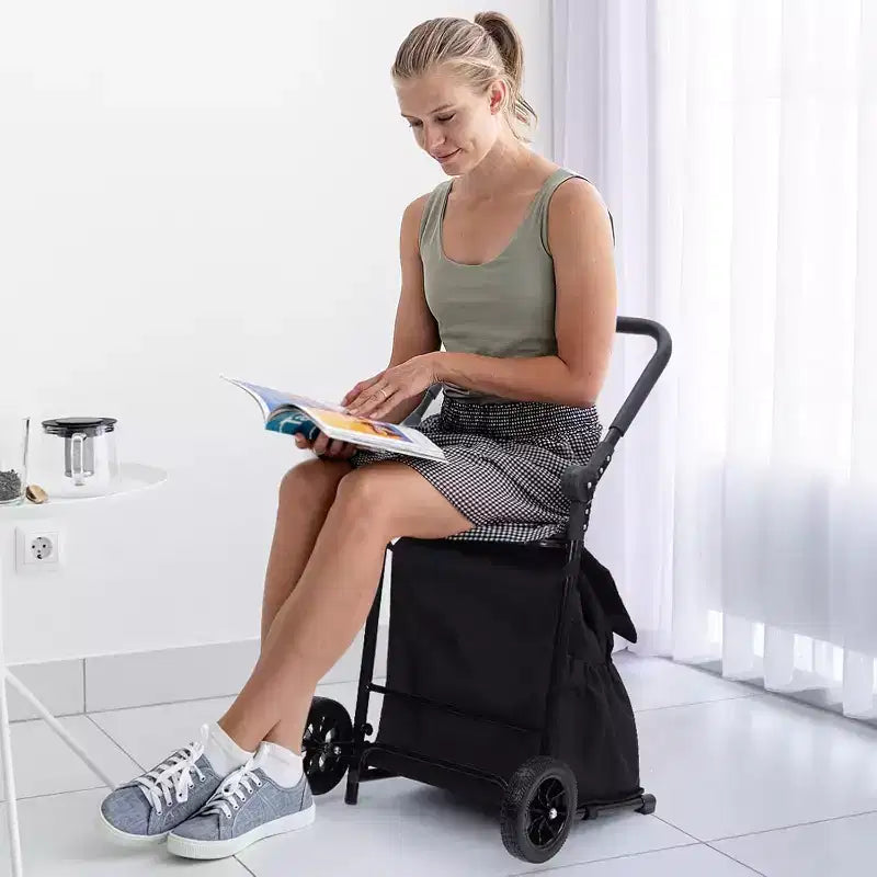 Acekool 2-in-1 zusammenklappbarer Transport- und Nutzwagen mit abnehmbarem wasserdichtem Beutel, dickem Sitzpolster und verstellbarem rutschfestem Griff, Schwarz