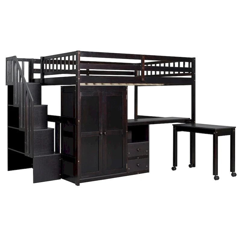 Lit mezzanine deux places avec escalier, bibliothèque, bureau et armoire – meuble multifonction gain de place pour enfants et adolescents – blanc