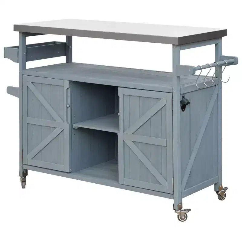 Îlot de cuisine extérieur Okak avec plateau en acier inoxydable, desserte de cuisine en bois avec portes, étagères et porte-épices, îlot de cuisine à roulettes