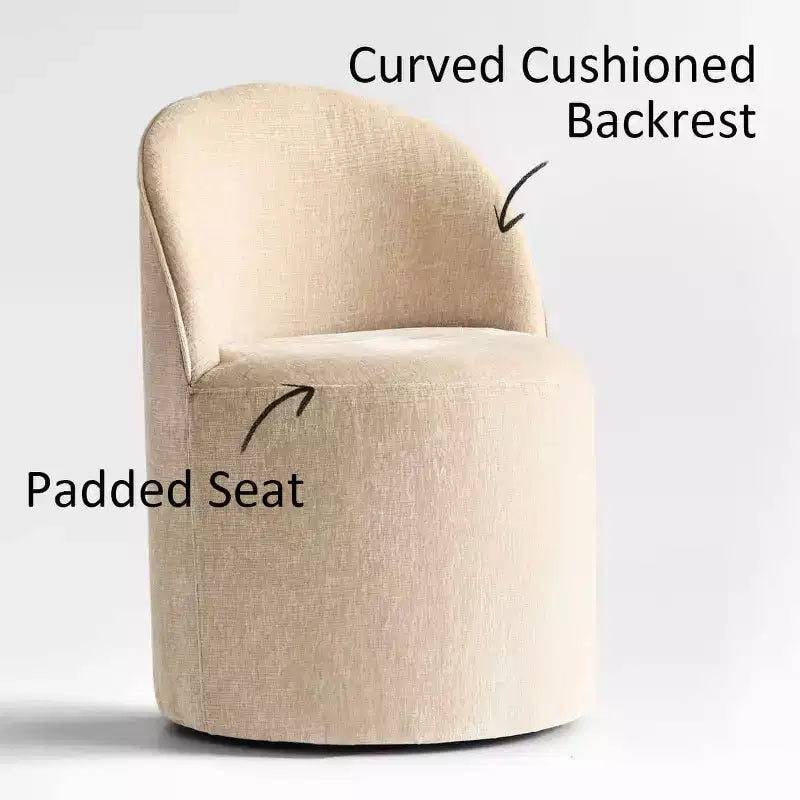 Modernes Esszimmer-Set für 6 Personen, runder Esstisch mit Säulenfuß, drehbare Fassstühle mit Rollen, Chenille-Strukturstoff – Panipeachy