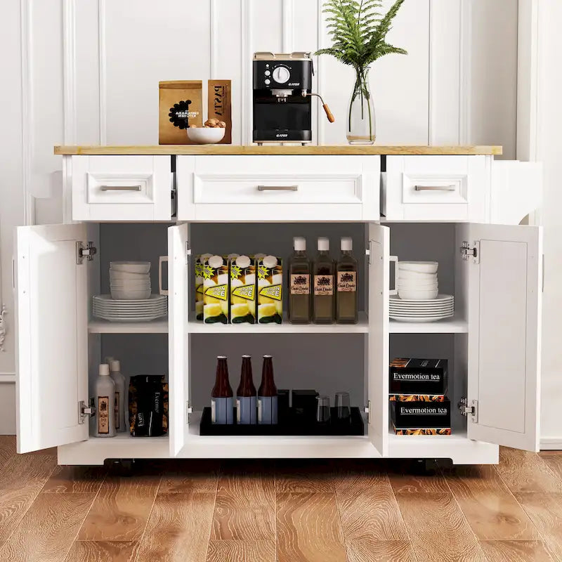 Grand îlot de cuisine avec rallonge rabattable en bois, desserte de cuisine roulante à texture embossée avec portes et tiroirs de rangement, blanc