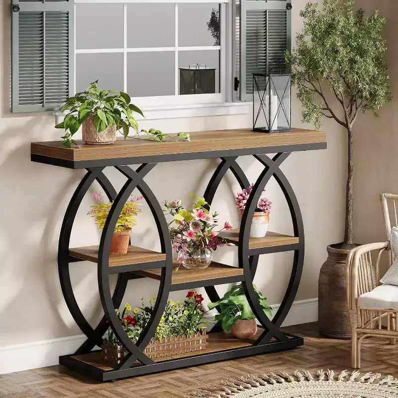 Tavolo consolle Lantine da 39,4", tavolo industriale a 4 livelli per divano e ingresso con ripiani portaoggetti e struttura in metallo per piccoli spazi, corridoio, ingresso, marrone
