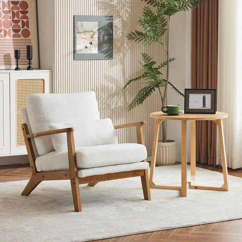 Fauteuil d'appoint rembourré en mélange de lin avec pieds en bois et un coussin, beige