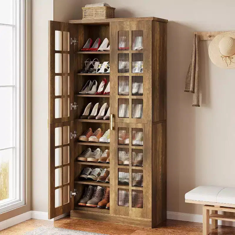 Lantine hoge schoenenkast met deuren, schoenenopbergruimte met 8 niveaus en verstelbare planken, moderne schoenenkast voor hal, garderobe of woonkamer, wit
