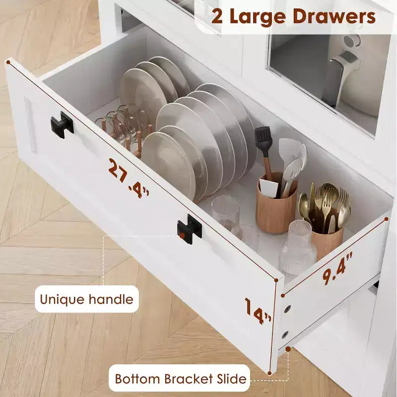 Armoire de rangement de cuisine style champêtre avec portes vitrées, meuble de rangement de 72 pouces avec tiroirs et étagères réglables pour la salle à manger, la salle de bains ou le salon