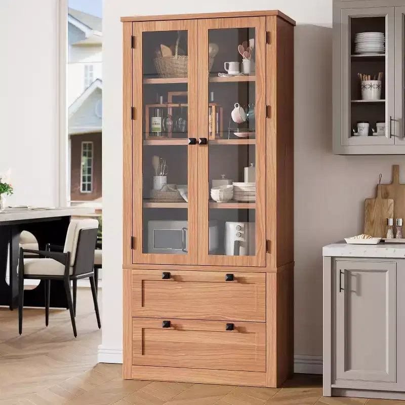 Armoire de rangement de cuisine style champêtre avec portes vitrées, meuble de rangement de 72 pouces avec tiroirs et étagères réglables pour la salle à manger, la salle de bains ou le salon