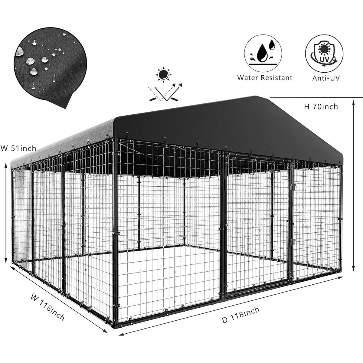 W 118 x T 118 x H 70 großer Outdoor-Hundezwinger, robuster Hundekäfig mit wasserdichtem Dach