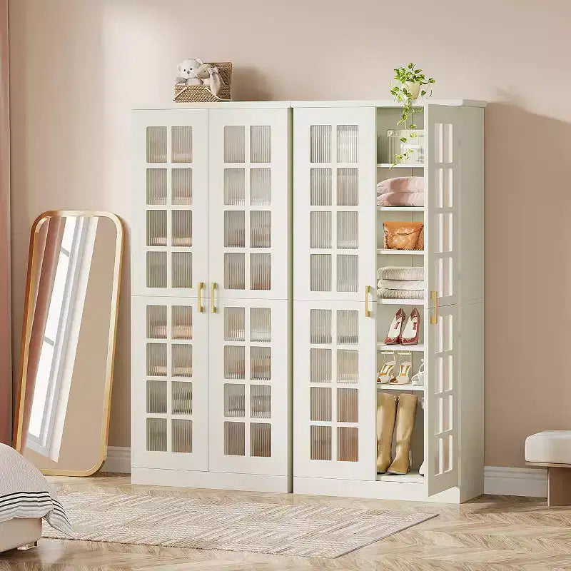 Lantine hoge schoenenkast met deuren, schoenenopbergruimte met 8 niveaus en verstelbare planken, moderne schoenenkast voor hal, garderobe of woonkamer, wit