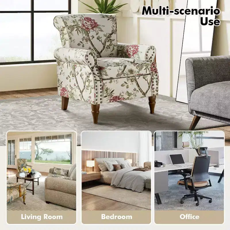 Sillón floral tradicional Araceli con estructura de madera, tapizado, respaldo alto con alas y acabado de tachuelas| ART OF LIVING DESIGNS