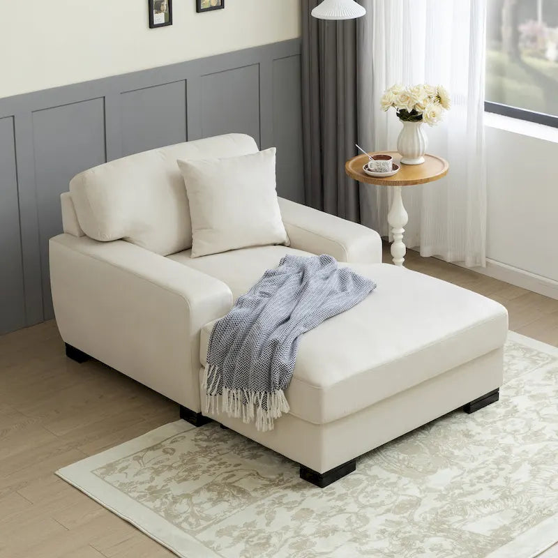 Nowoczesna, ponadgabarytowa sofa z szezlongiem i funkcją spania w stylu mid-century, z poduszką