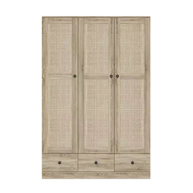 Armoire en rotin Famapy avec 3 tiroirs, placard à 3 portes en rotin respirant, grande armoire de rangement de style champêtre pour chambre