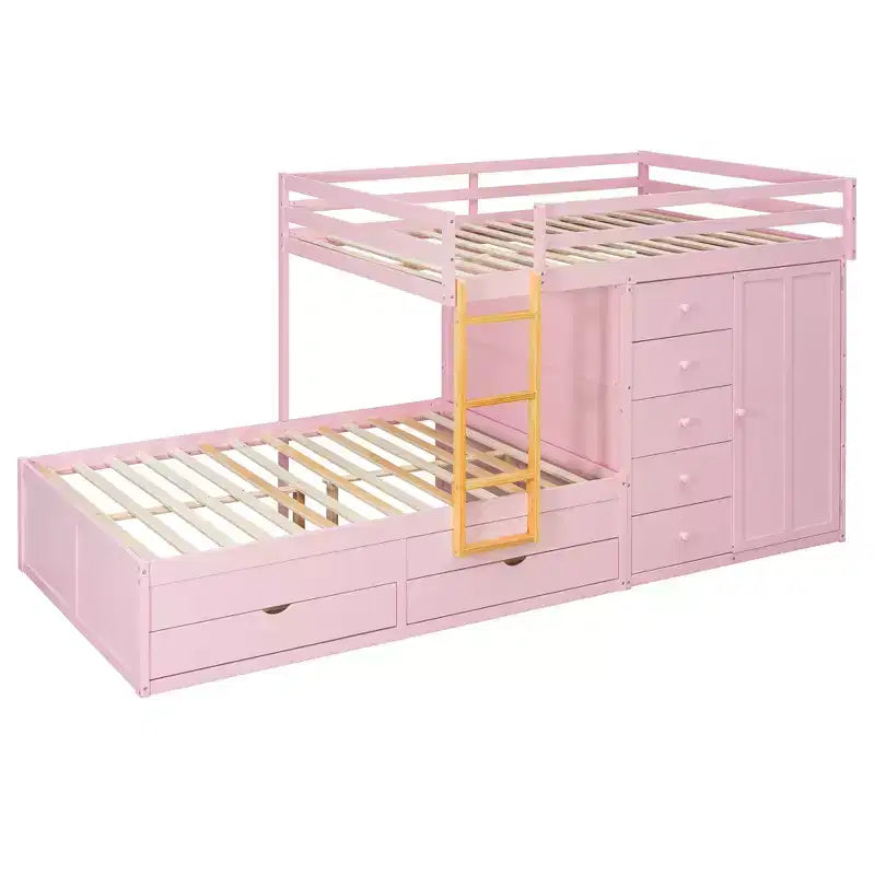 Stapelbed met twee volledige bedden, opbergkast en laden, houten ruimtebesparend stapelbed van volledig formaat met veiligheidshekje voor appartement of slaapkamer